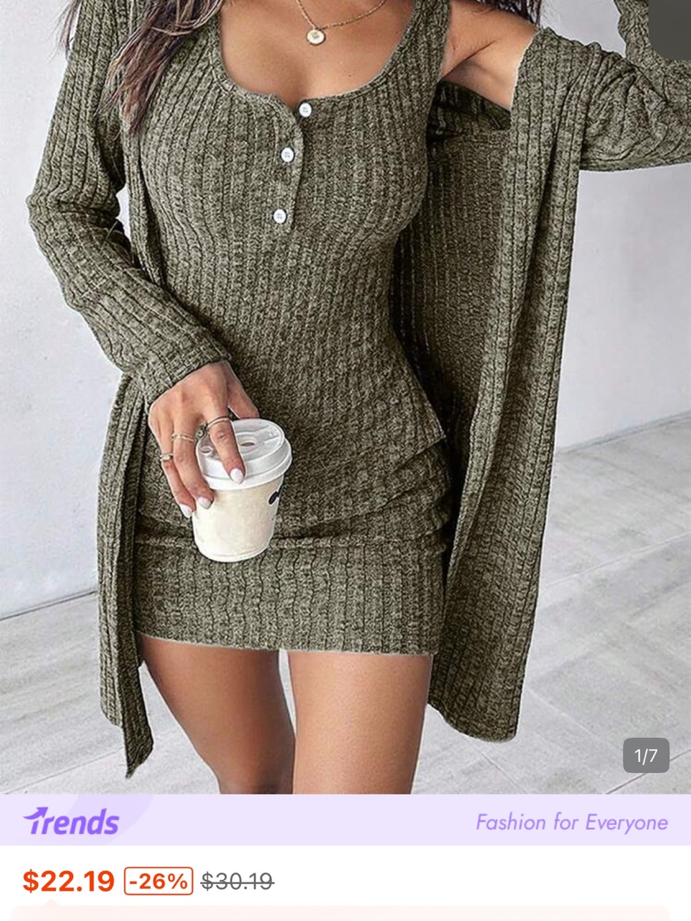 SHEIN Olive Ribbed Knit Tank Dress with Matching Cardigan